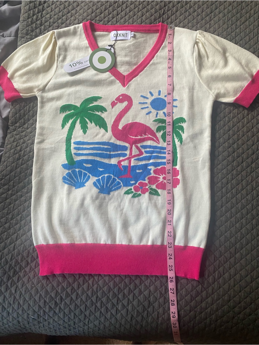 OKNIT Pink Trim Cream Flamingo Graphic V-Neck Short Sleeve Tee